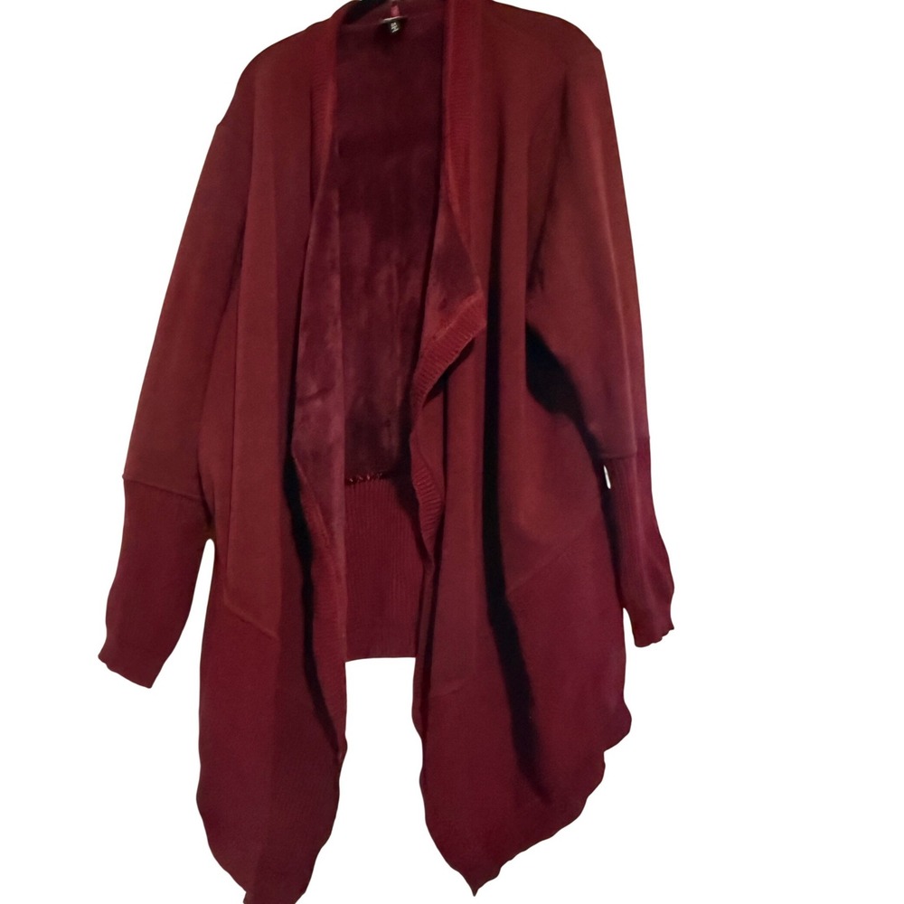 Bobeau Womens 2X Burgundy Faux Fur‎ Lined Open Front Draped Cardigan Sweater